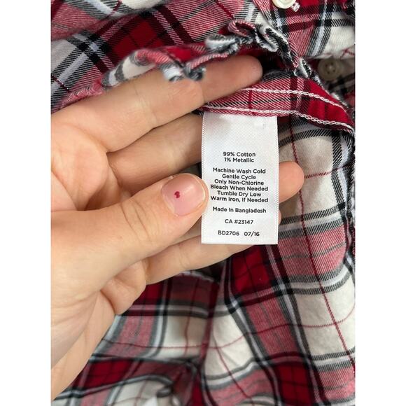 TALBOTS 2XP Petite Plus Plaid Button Up Ruffle Shirt Shimmer Flannel Red White - Picture 8 of 9